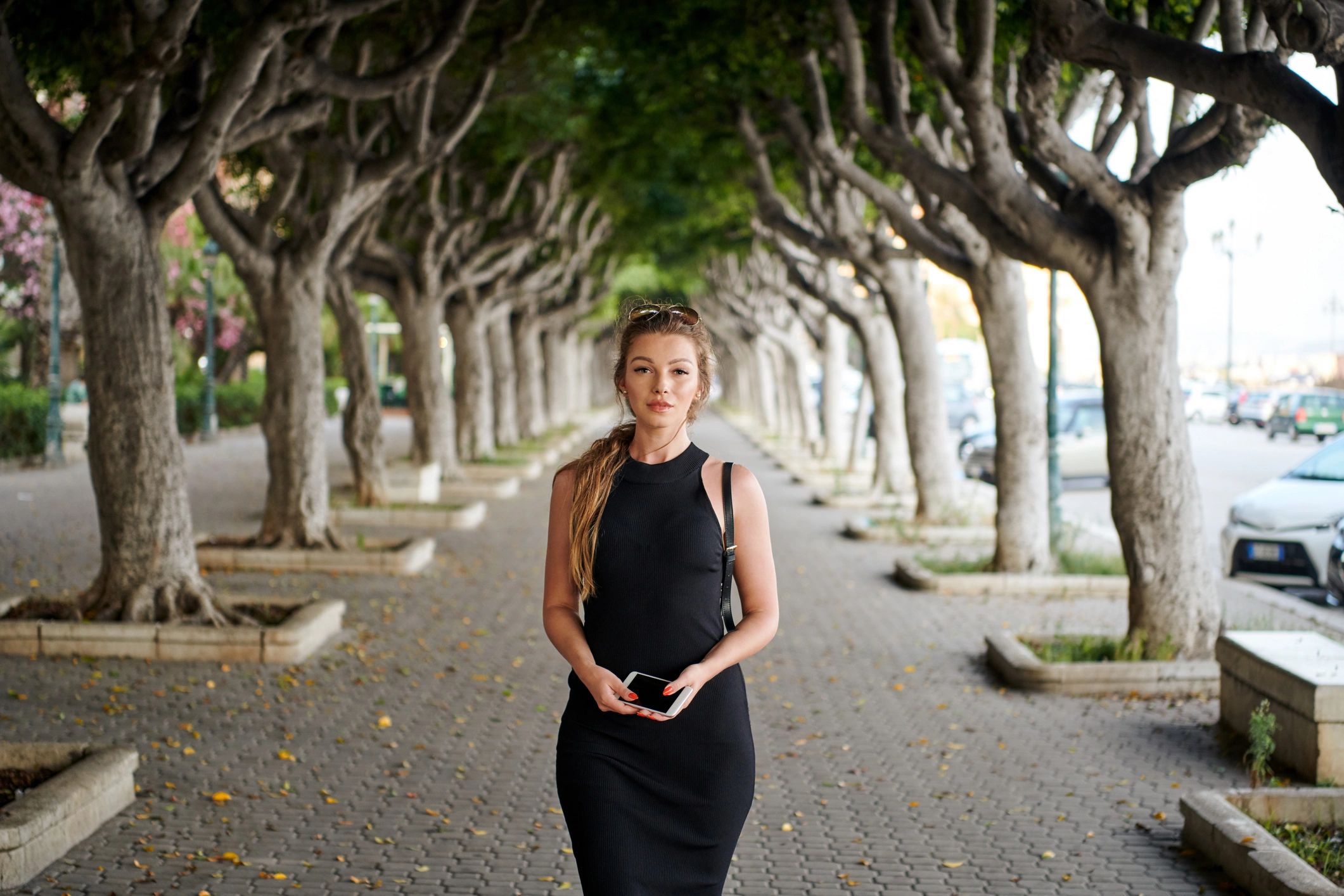 Confident companion in an upscale setting