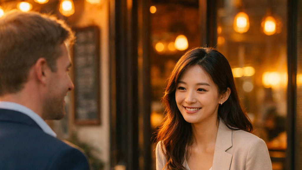 A woman in a beige blazer smiling at a man in a suit, in a warm, softly-lit café setting.